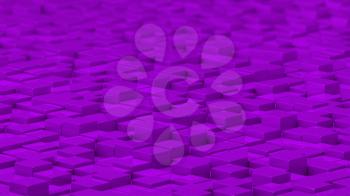 Grid of purple cubes in a randomized pattern. Wide shot. 3D computer generated background image.