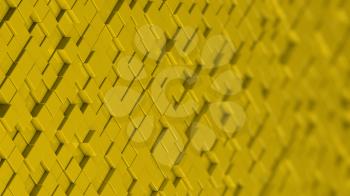Grid of yellow cubes in a randomized pattern. Wide shot. 3D computer generated background image.