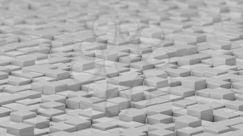 Grid of white cubes in a randomized pattern. Wide shot. 3D computer generated background image.