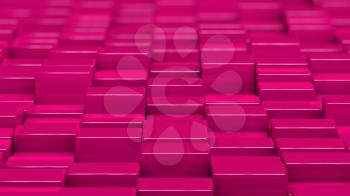 Grid of pink cubes in a randomized pattern. Medium shot. 3D computer generated background image.