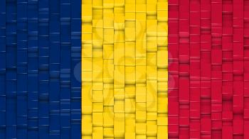Chadian flag made of cubes in a random pattern. 3D computer generated image.