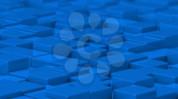 Grid of blue cubes in a randomized pattern. Medium shot. 3D computer generated background image.