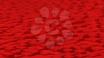 Grid of red cubes in a randomized pattern. Wide shot. 3D computer generated background image.