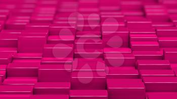 Grid of pink cubes in a randomized pattern. Medium shot. 3D computer generated background image.