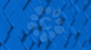 Grid of blue cubes in a randomized pattern. Medium shot. 3D computer generated background image.