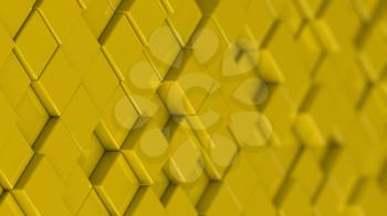 Grid of yellow cubes in a randomized pattern. Medium shot. 3D computer generated background image.