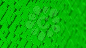 Grid of green cubes in a randomized pattern. Wide shot. 3D computer generated background image.