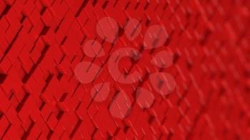 Grid of red cubes in a randomized pattern. Wide shot. 3D computer generated background image.