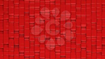 Grid of red cubes in a randomized pattern. Wide shot. 3D computer generated background image.