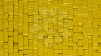 Grid of yellow cubes in a randomized pattern. Wide shot. 3D computer generated background image.