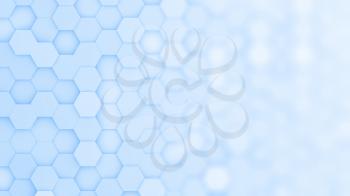 Light blue hexagonal grid in a random pattern. 3D computer generated image with gradual blur effect for copyspace.