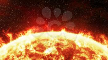 Close-up of the Sun burning brightly on a stellar background. Computer generated illustration.