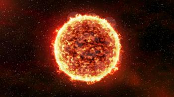 The Sun burning brightly on a stellar background. Computer generated illustration.