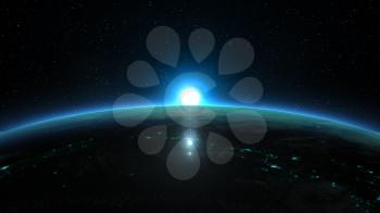 Beautiful view from space of the Sun rising over Planet Earth. Blue version. Elements of this 3D illustration were furnished by NASA.