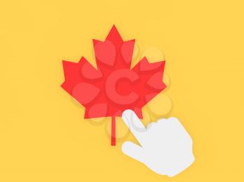 Hand presses the maple leaf. 3d render illustration.