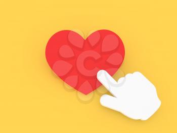 Cursor hand presses the red heart. 3d render illustration.