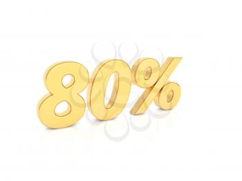 80% gold number on a white background. 3d render illustration.