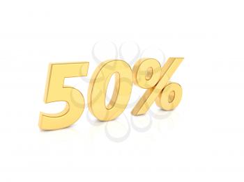 50% gold number on a white background. 3d render illustration.