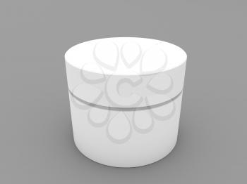 White empty round container on gray background. 3d render illustration.