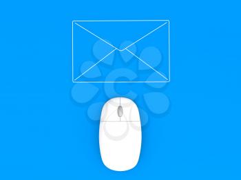 Computer mouse and envelope on a blue background background. 3d render illustration.