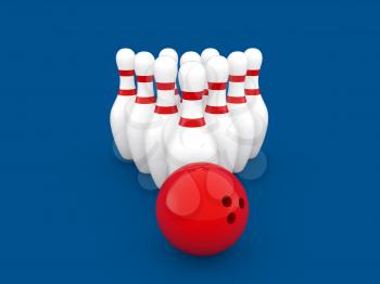 Bowling ball and skittles on a blue background. 3d render illustration.
