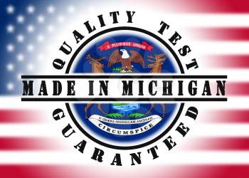 Quality test guaranteed stamp with a state flag inside, Michigan