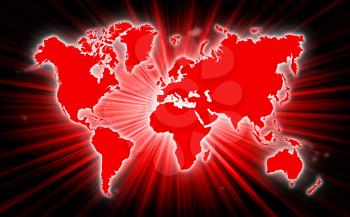 Map of world with starburst on background, red