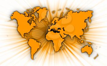 Map of world with starburst on background, orange