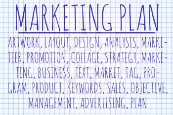 Marketing plan word cloud written on a piece of paper