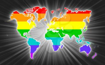 Map of world with starburst on background, Rainbow flag