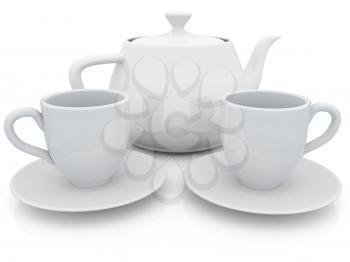 3d cups and teapot on a white background