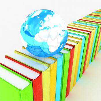 Colorful books and earth on a white background