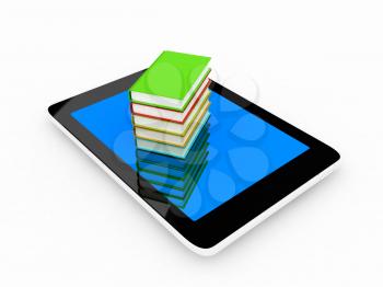 tablet pc and colorful real books on white background