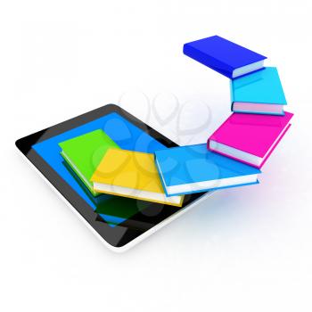 tablet pc and colorful real books on white background