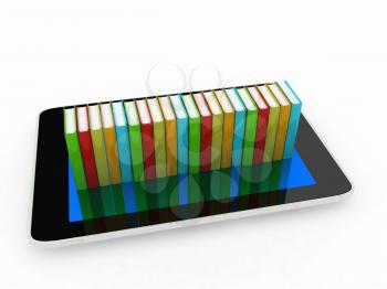 tablet pc and colorful real books on white background