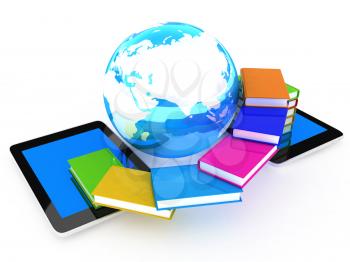 tablet pc and earth with colorful real books  on white background