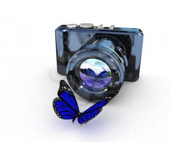 3d illustration of photographic camera and butterfly on white background