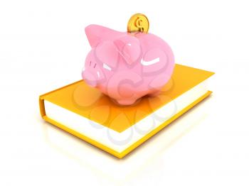 Piggy Bank with a gold dollar coin on book on a white background
