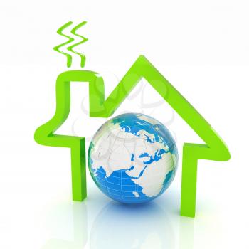 3d green icon house, earth on white background 