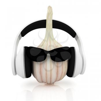 Head of garlic with sun glass and headphones front face on a white background