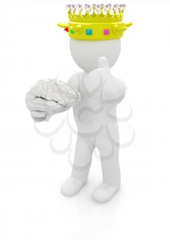 3d people - man, person with a golden crown. King with brain