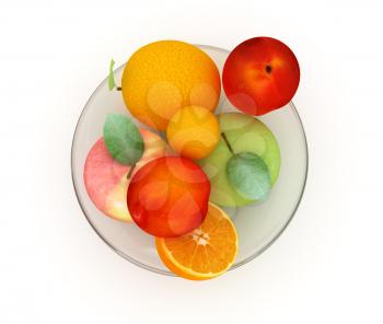 Citrus and apple on a plate on a white background