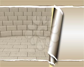 Abstract futuristic interior. Brick scene and tribune. Template