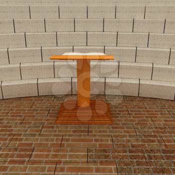 Abstract futuristic interior. Brick scene with cathedra and tribune. 