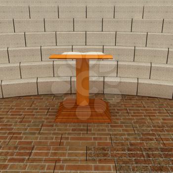 Abstract futuristic interior. Brick scene with cathedra and tribune. 