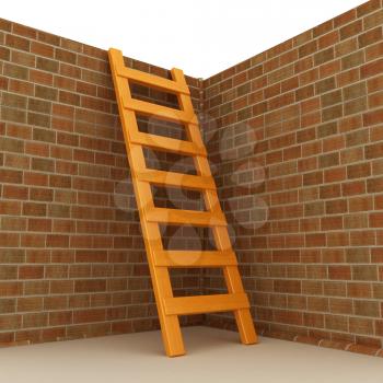 Ladder leans on brick wall on a white background