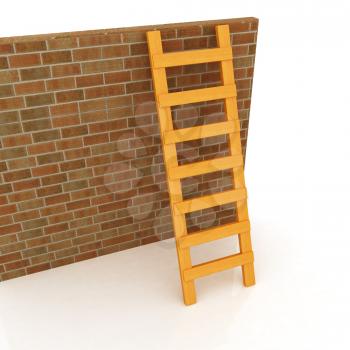 Ladder leans on brick wall on a white background