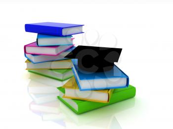 Graduation hat with books on a white background