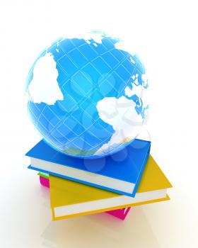 Colorful books and earth on a white background