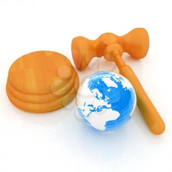 Wooden gavel and earth isolated on white background. Global auction concept